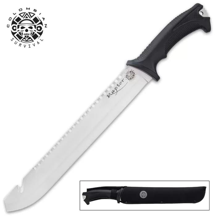 Colombian Raptor Black Machete And Sheath - 3Cr13 Stainless Steel Blade, ABS Handle, Lanyard Hole - Length 18β