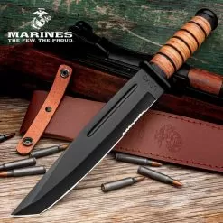 USMC Tanto Survival Machete And Sheath - Stainless Steel Blade, Stacked Leather Handle - Length 14 1/4”