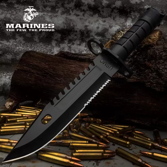 USMC M-9 Bayonet And Sheath - Stainless Steel Blade, Non-Reflective Finish, Sawback Spine, TPU Handle With Bayonet Clip - Length 12β