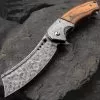 Boot Hill Razor Pocket Knife - Damascus Pattern Steel Blade, Wooden Handle Scales, Assisted Opening, Damascus Bolsters, Pocket Clip