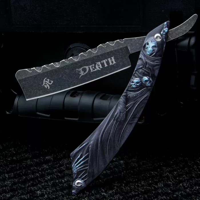 Grim Reaper Folding Razor Knife - 3Cr13 Stainless Steel Blade, Anodized Aluminum Handle, Filework - Length 9"