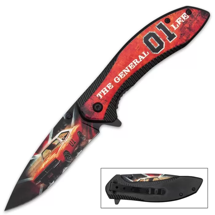 General Lee Pocket Knife - Printed Stainless Steel Blade, Aluminum Handle, Wooden Facing, Pocket Clip - Closed 4 1/2β