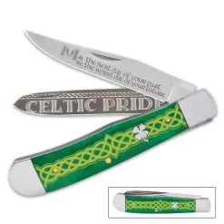 Celtic Trapper Pocket Knife - Stainless Steel Blades, Laser-Etched Art, Dyed Bone Handle Scales, Brass Pins