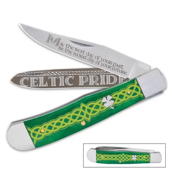 Celtic Trapper Pocket Knife - Stainless Steel Blades, Laser-Etched Art, Dyed Bone Handle Scales, Brass Pins