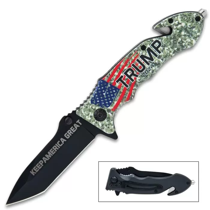 Trump 2024 Keep America Great Pocket Knife - Stainless Steel Blade, Assisted Opening, 3-D Printed Handle, Seatbelt Cutter