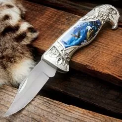 Winter Eagle Pocket Knife - 3Cr13 Stainless Steel Blade, Sculpted Cast Metal And TPU Handle, Eagle Artwork - Closed 5”