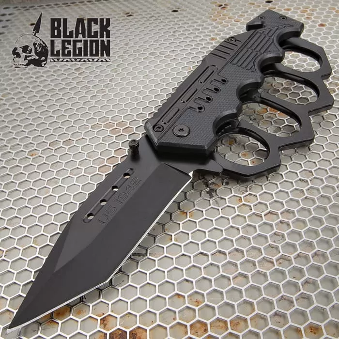 Black Folding Knuckle Knife - Stainless Steel Blade, ABS Handle, Seatbelt Cutter, Glass Breaker - Closed Length 5 1/4β