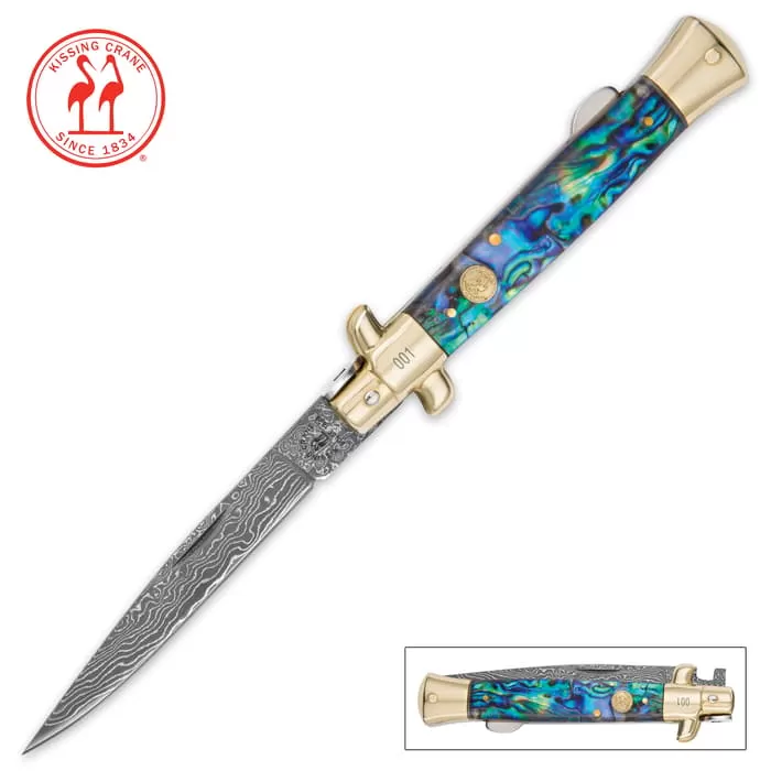 Kissing Crane Genuine Abalone Damascus Stiletto Knife