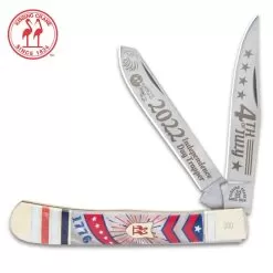 Kissing Crane 2022 Fourth Of July Trapper - Stainless Steel Blades, Faux Pearl Handle, Nickel Silver Bolsters, Brass Liners