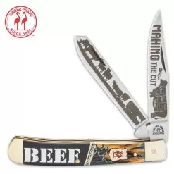 Kissing Crane Beef Tribute Trapper - Stainless Steel Blades, Jigged Amber Bone And Wooden Handle Scales, Nickel Silver Bolsters