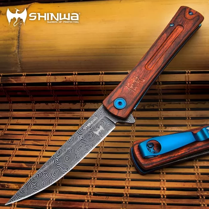 Shinwa Bloodwood Taito Pocket Knife - 3Cr13 Stainless Steel Blade, Pakkawood Handle Scales Ball-Bearing Opening - Length 9β