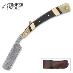 Timber Wolf Bowery Boys Razor Knife - Damascus Steel Blade, Bone And Brass Handle, Brass Pins And Liner - Closed 6 1/2”