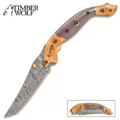 Timber Wolf Aspen Pocket Knife - Damascus Steel Blade, Bone Handle, Engraved Copper Bolsters, Fileworked Liners