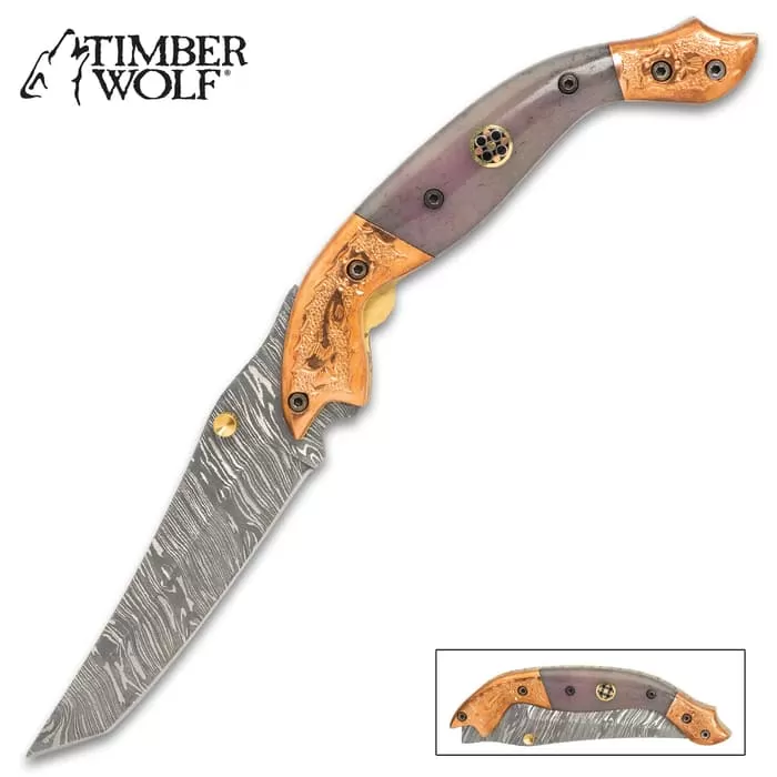 Timber Wolf Aspen Pocket Knife - Damascus Steel Blade, Bone Handle, Engraved Copper Bolsters, Fileworked Liners