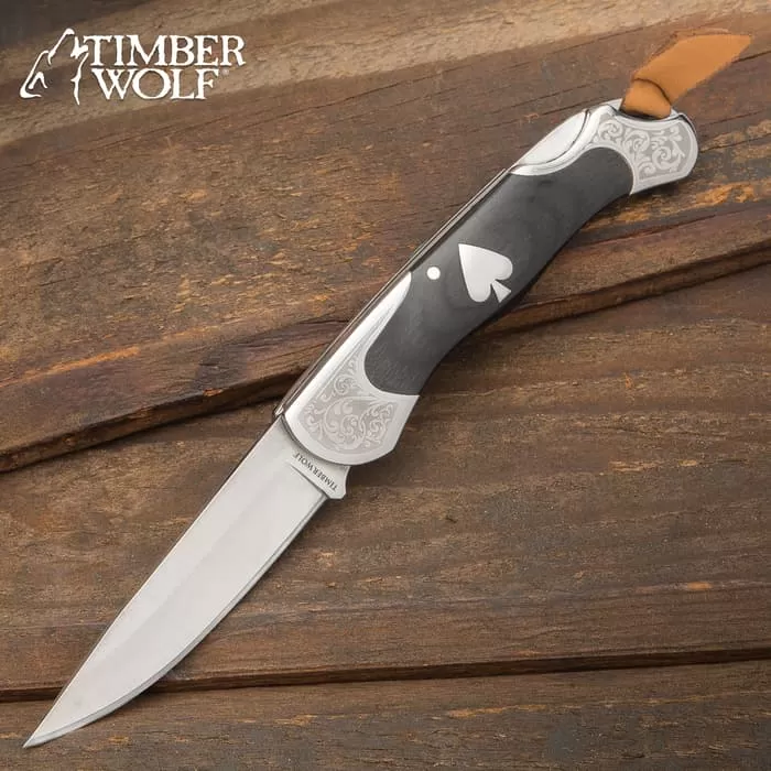 Timber Wolf Gambler Lockback Pocket Knife - 3Cr13 Stainless Steel Blade, Wooden Handle Scales, Etched Bolsters