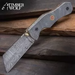 Timber Wolf Captain Nemo Pocket Knife And Sheath - Damascus Steel Blade, Damascus Steel Handle, Brass Liners