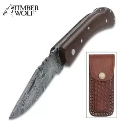 Timber Wolf Workman Pocket Knife - Damascus Steel Blade, Micarta Handle Scales, Stainless Steel Pins, Lockback