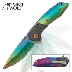 Timber Wolf Aurora Assisted Opening Pocket Knife - DamascTec Steel With Titanium Rainbow Finish