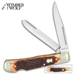 Timber Wolf Rustic Bone Trapper Pocket Knife - Stainless Steel Blades, Jigged Bone Handle, Double Lockback