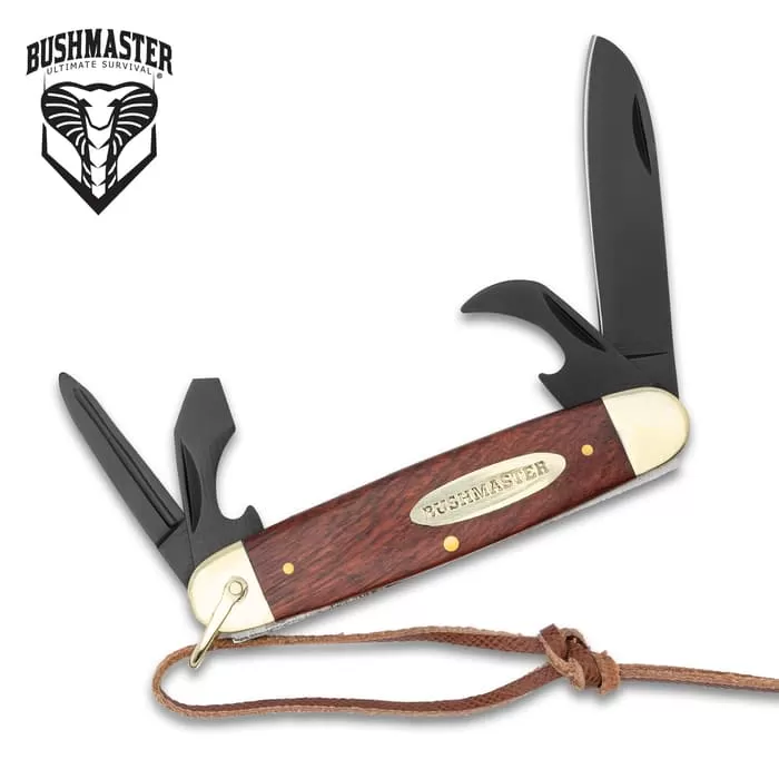 Bushmaster Ranger Scout Pocket Knife - Carbon Steel Blades, Wooden Handle, Brass Bolsters, Leather Wrist Lanyard
