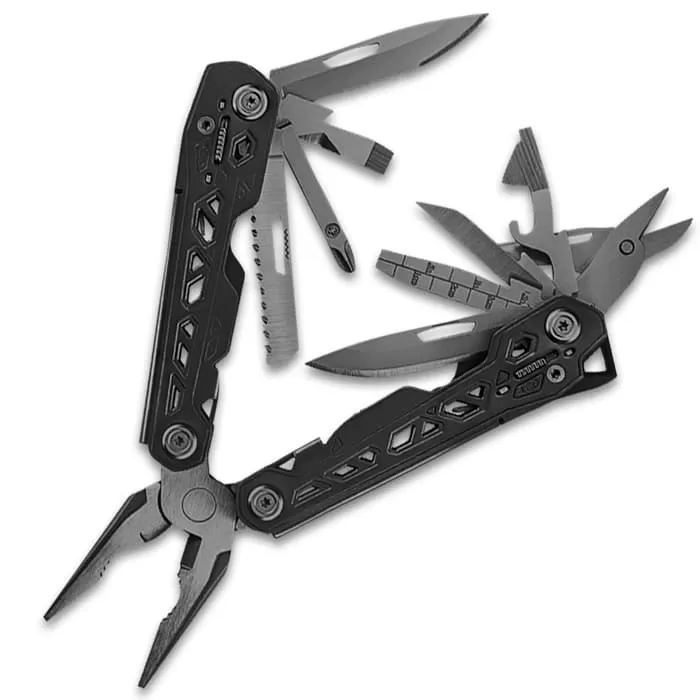 Gerber Black Truss Multi-Tool With Sheath - 17 Tools, Steel Construction, Butterfly Opening, Spring-Loaded Pliers - Length 6 1/2β