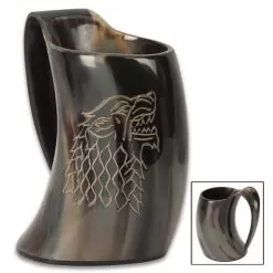 Wolf Display Drinking Horn - Crafted Of Genuine Horn, Hand-Carved Artwork, Fantasy Design, Prop Or Cosplay - 7” Tall X 5 1/4” Width