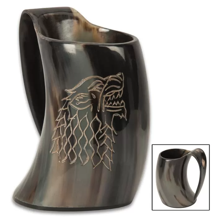 Wolf Display Drinking Horn - Crafted Of Genuine Horn, Hand-Carved Artwork, Fantasy Design, Prop Or Cosplay - 7β Tall X 5 1/4β Width