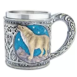Lone Wolf Fantasy Mug - Cold Cast Resin Construction, Stainless Steel Liner, Intricate Details - Dimensions 4 1/4”X 3”