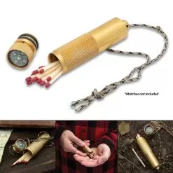 Brass Match Case - Solid Brass Construction, Heavily Textured, O-Ring Seals, Integrated Compass, Wrist Lanyard Cord