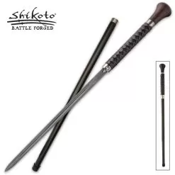 Shikoto Shinshi Sword Cane - Damascus Steel Blade, Brown Knob Handle, Leather-Wrapped Grip, Push Button Release - Length 37 1/8”