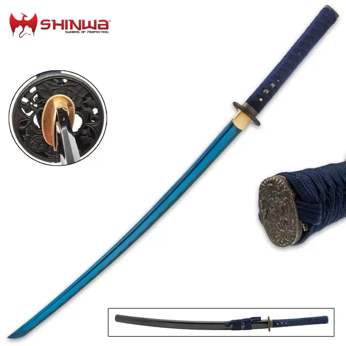 Shinwa Blue Majesty Samurai Sword And Scabbard - 1060 High Carbon Steel Blade, Genuine Rayskin, Hardwood Handle - Length 39β