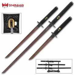 Shinwa Black Knight 3-Piece Sword Set - Handmade Katana, Wakizashi, Tanto; Wooden Display Stand - Hand Forged Black Damascus Steel; Razor Sharp, Full Tang - Faux Ray Skin; Dragon Tsuba - Battle Ready