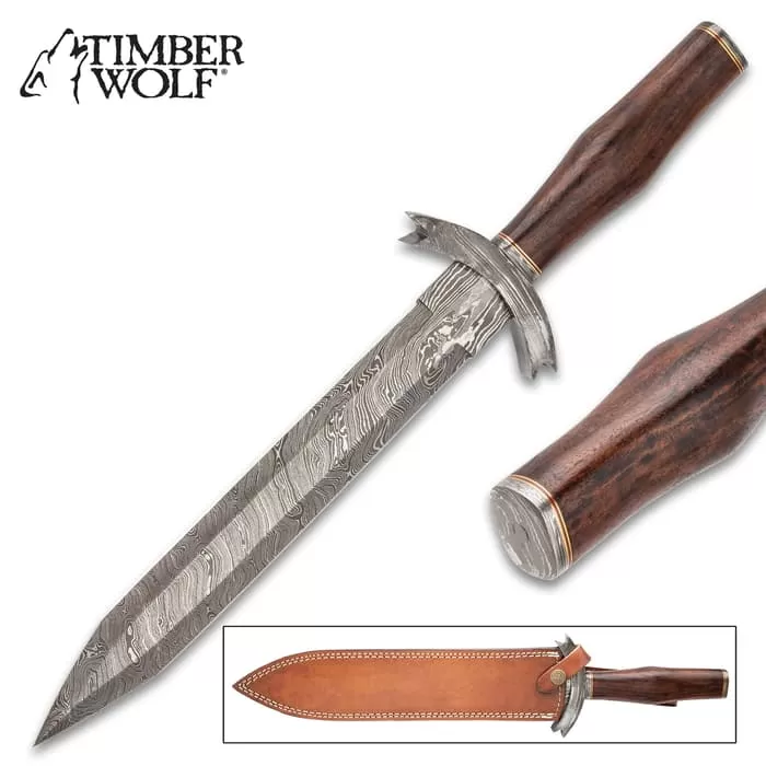Timber Wolf Myrmidon Short Sword With Sheath - Damascus Steel Blade, Wooden Handle, Damascus Guard, Brass Spacers - Length 18 1/4β