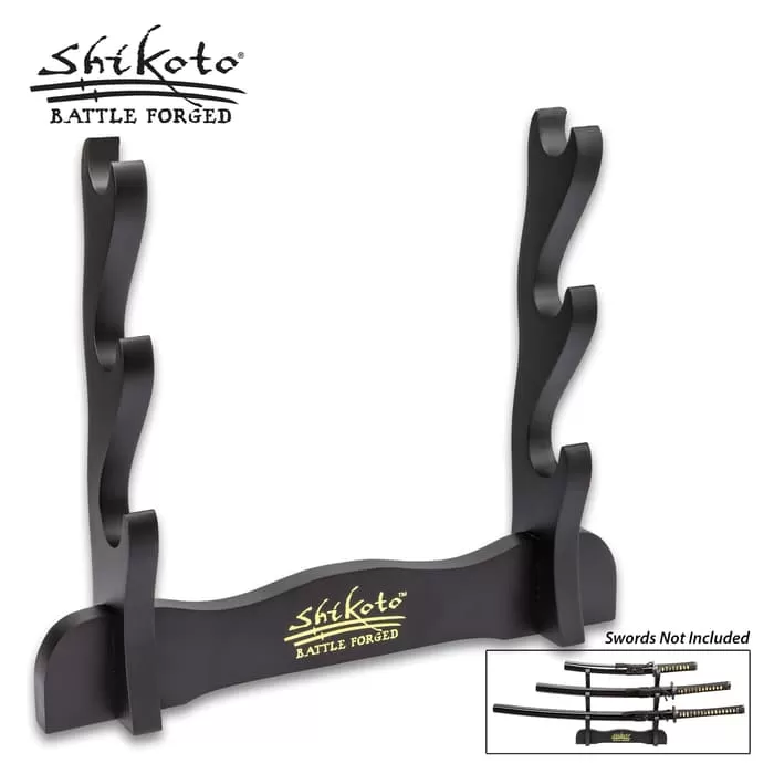 Shikoto Longquan Master Three-Sword Display Stand - Premium Wooden Construction, Sleek Black Finish, Table-Top Design