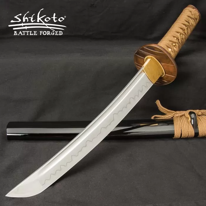 Shikoto Hidden Samurai Tanto And Scabbard - T10 Carbon Steel Blade, Clay-Tempered, Genuine Rayskin, Brass Tsuba - Length 20β