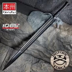 Honshu Historic Forge Single-Hand Sword And Scabbard - Black 1065 High Carbon Steel Blade, Leather-Wrapped Wooden Handle - Length 40”
