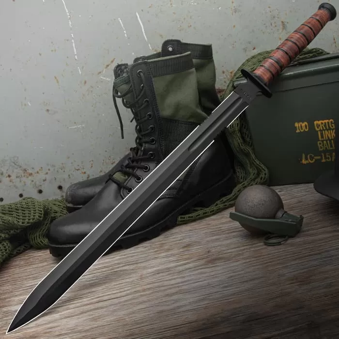 US 1942 Double-Edge Combat Sword And Sheath - AUS-6 Stainless Steel Blade, Leather Stacked Handle - Length 27 1/2β