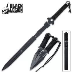 Black Legion Ninja Sword And Kunai Set And Sheath - 3Cr13 Stainless Steel Construction, Cord-Wrapped Handles
