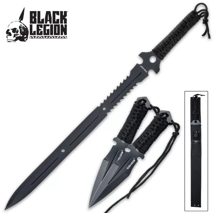 Black Legion Ninja Sword And Kunai Set And Sheath - 3Cr13 Stainless Steel Construction, Cord-Wrapped Handles