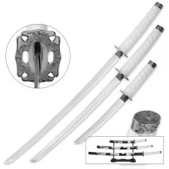Ghost Katana 3-Piece Carbon Steel Sword Set With Display Stand