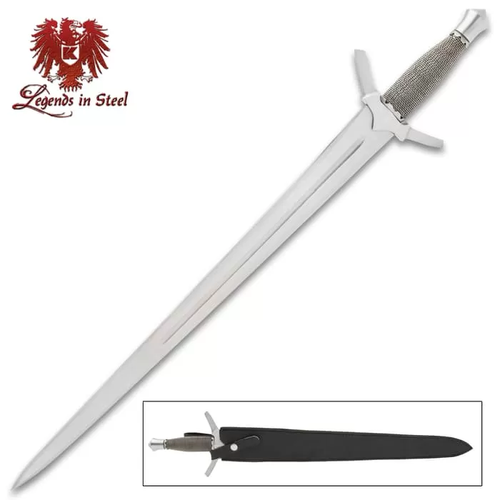 Legends In Steel Castle Sword With Scabbard - Stainless Steel Blade, Wire-Wrapped Handle, Stainless Steel Guard And Pommel