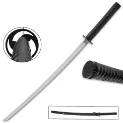Black Gankyil Katana And Faux Leather Scabbard - Carbon Steel Blade, Faux Leather Wrapped Handle - Length 36 1/4”