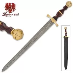 Legends In Steel Byzantine Crusade Sword And Scabbard - Damascus Steel Blade, Wooden Handle, Brass Handguard And Pommel
