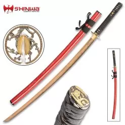 Shinwa Dogwood Flower Katana With Scabbard - 1045 Carbon Steel Blade, Cast Metal Alloy Tsuba, Brass Habaki, Genuine Rayskin - Length 39 1/2”