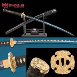 Shinwa Golden Hibiscus Katana With Scabbard - 1060 Carbon Steel Blade, Genuine Ray Skin, Brass Habaki, Brass Handguard - Length 41”