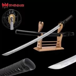 Shinwa Midnight Bamboo Katana And Scabbard - Damascus Steel Blade, Cord-Wrapped Handle, Brass Habaki - Length 41 1/2”