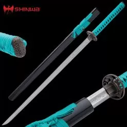 Shinwa Teal Zatoichi Sword And Scabbard - Damascus Steel Blade, Hardwood Handle, Traditional Cord-Wrap, Genuine Rayskin
