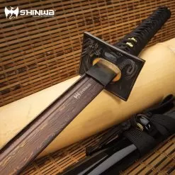 Shinwa Black Knight Handmade Katana / Samurai Sword - Hand Forged Black Damascus Steel - Razor Sharp, Full Tang - Fully Functional, Battle Ready, Ninja Sleek - Faux Ray Skin, Cord Wrap, Dragon Tsuba