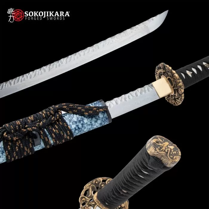 Sokojikara Hammered-Work Katana And Scabbard - Damascus And Hammered Steel Blade, Cord-Wrapped Handle - Length 39 1/2"