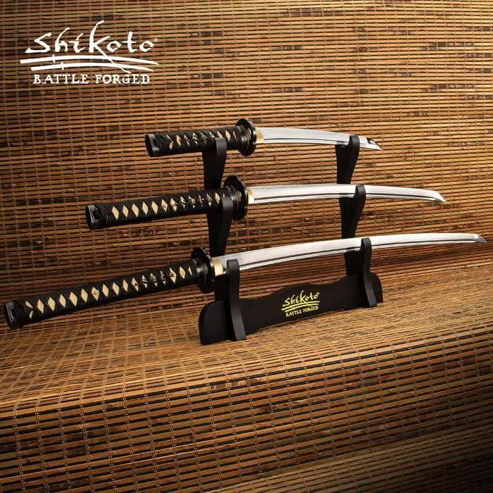 Shikoto Longquan Master Touchstone Three-Piece Sword Set - Katana, Wakizashi, Tanto, T10 High Carbon Steel Blades, Clay-Tempered